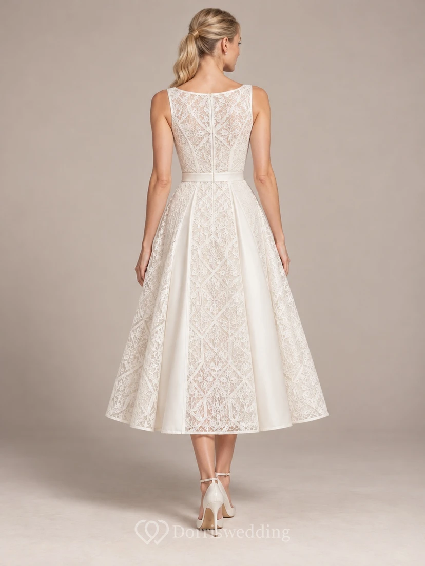 Tea-length Jewel Neck Sleeveless Geometric Lace Panel Wedding Dress view 2