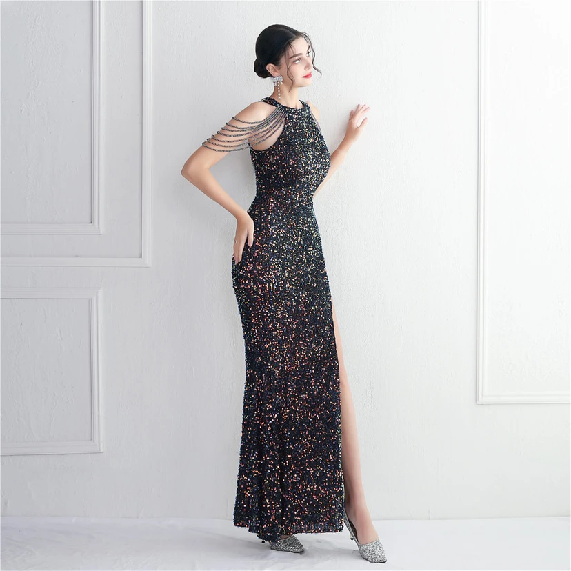 Heavy-Duty Glass Bead Craft Beaded Banquet Evening Dress Temperament Elegant Long Halter Neck Slit Sequins view 54