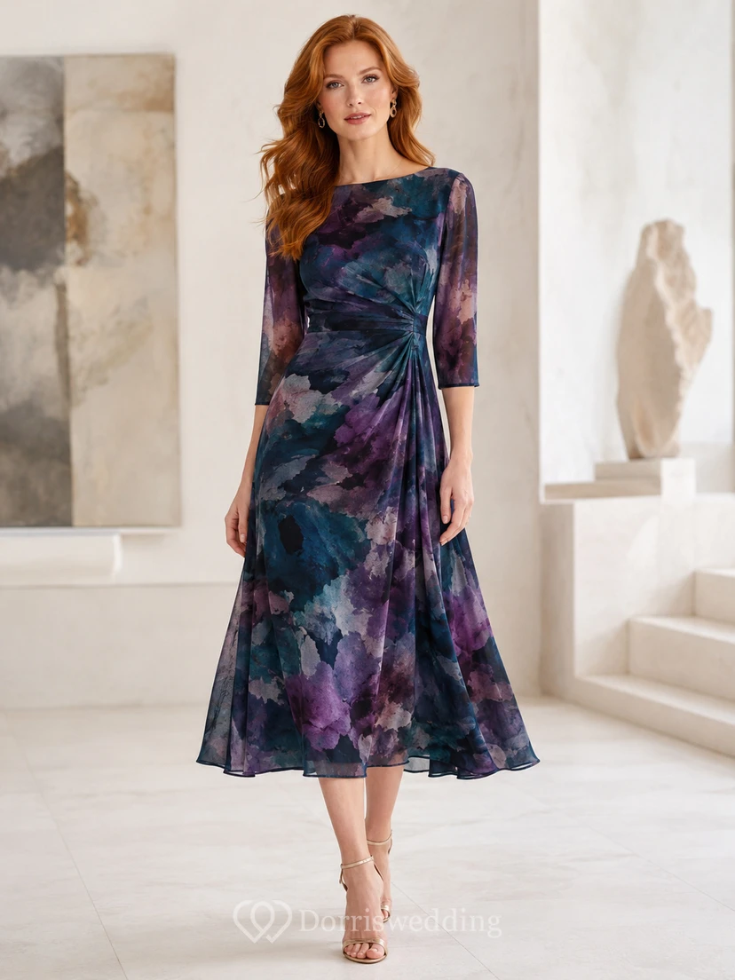 Vestido midi de manga tres cuartos con estampado abstracto de acuarela oscura