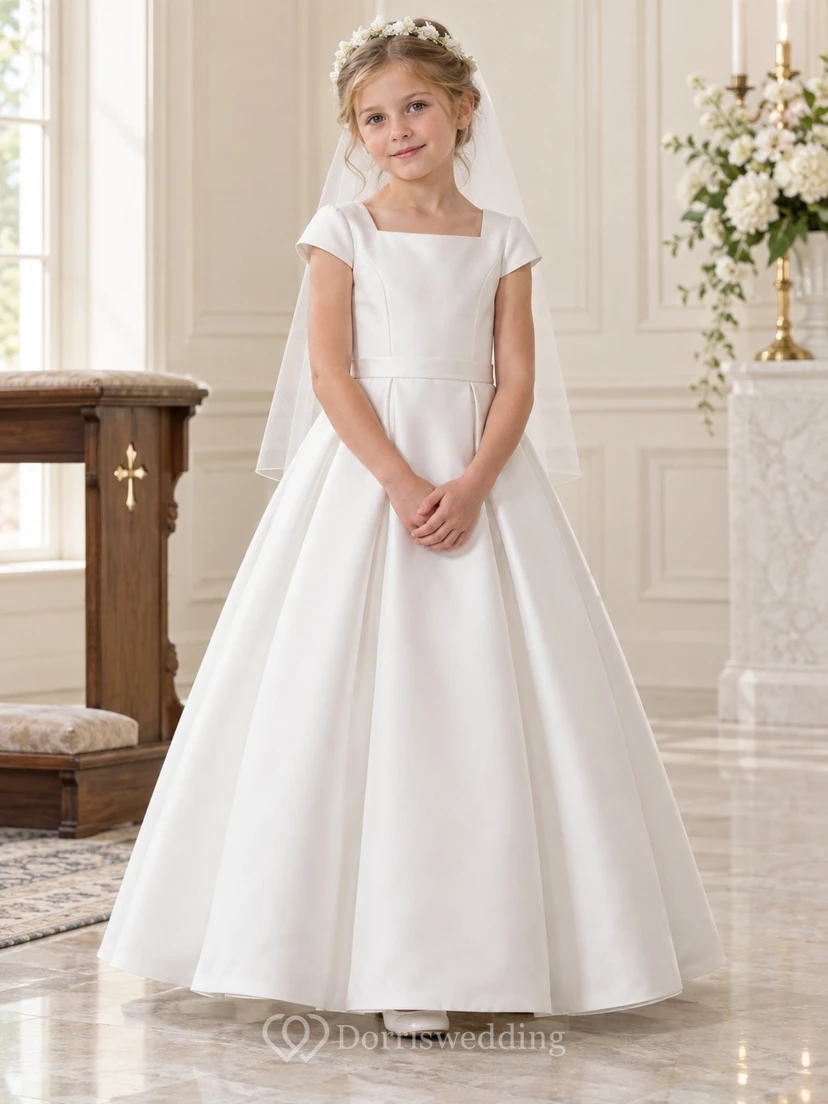 Simple Modest Square Neck White Cap Sleeve Floor-length Satin Communion Dress