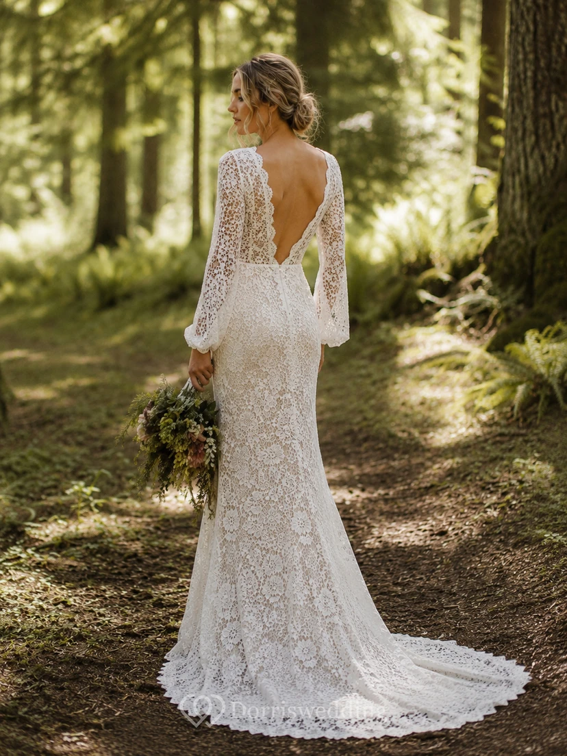 Boho Lace Mermaid Wedding Dress with Deep V-Neck, Long Sleeves & Fitted Woodland Bridal Train view 2