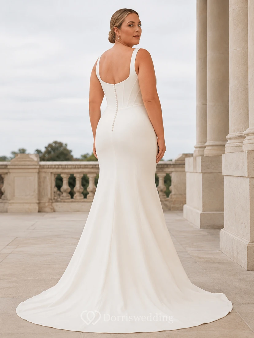 Robe de mariée sirène en satin à bretelles larges et col en V, grande taille, boutonnée sur le devant view 2