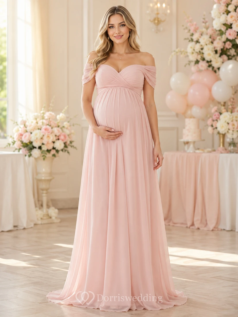Blushing Pink Maternity Off Shoulder Sweetheart Empire Chiffon Floor Length Baby Shower Dress