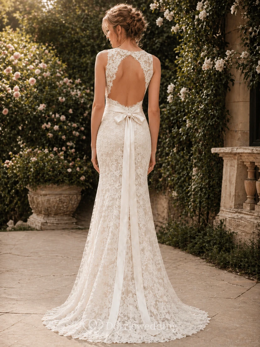 Vestido de novia sencillo informal con escote en V, encaje y espalda con abertura. view 3