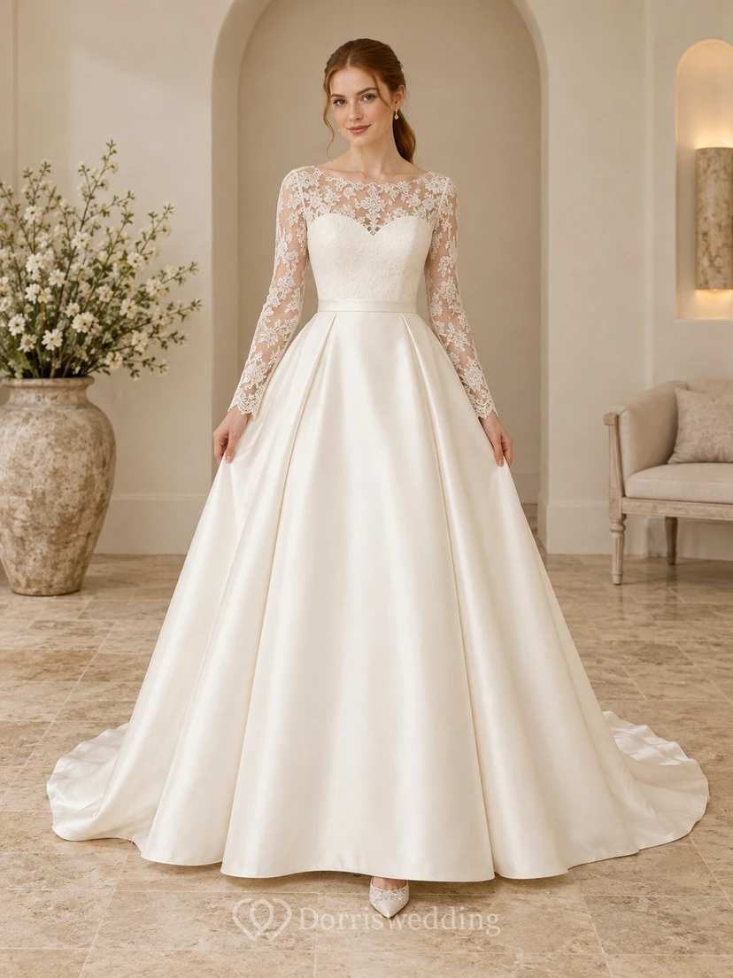 Brautkleid aus Satin mit A-Linie, langen Ärmeln, A-Linie, Schleppe und Spitzenbesatz