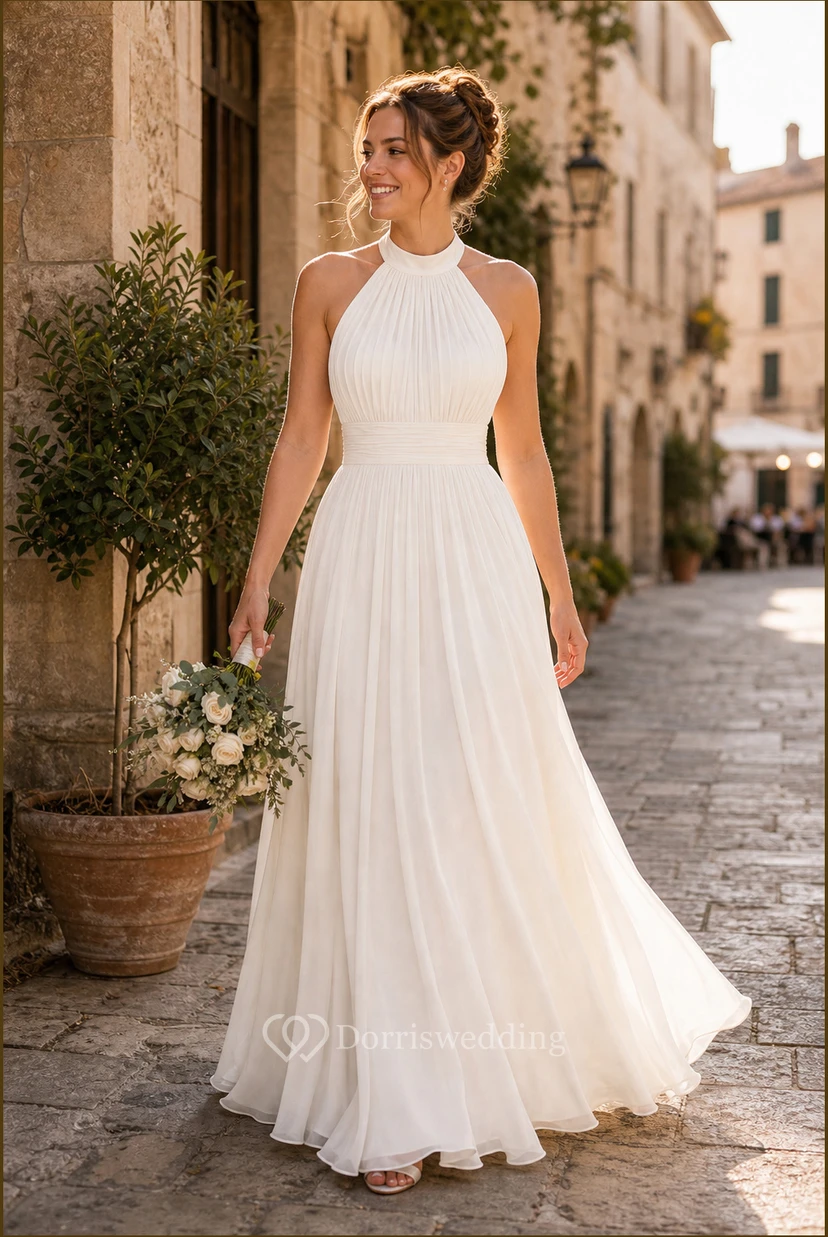 Vestido de novia blanco de corte A con escote halter view 10