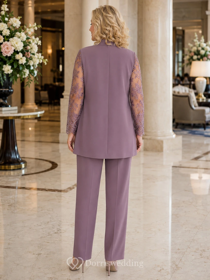 Vintage-Hose in Mauve-Tönen, schlicht und elegant, aus transparenter Spitze gefertigt, mit langen Ärmeln und gerader Knöchelhose – perfekt für die Mutter der Braut. view 2