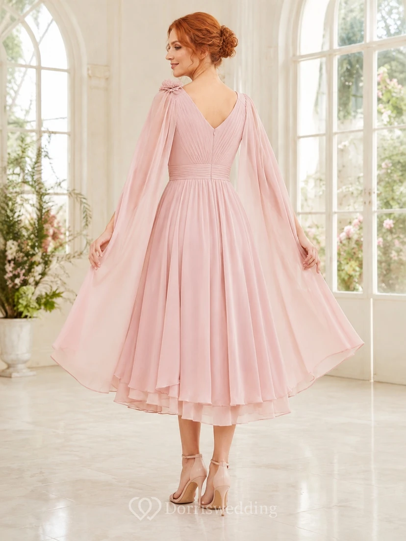 Blushing Pink Floral V-Neck Long Sleeve Chiffon Cape A-Line Tea-length Romantic Dress view 2