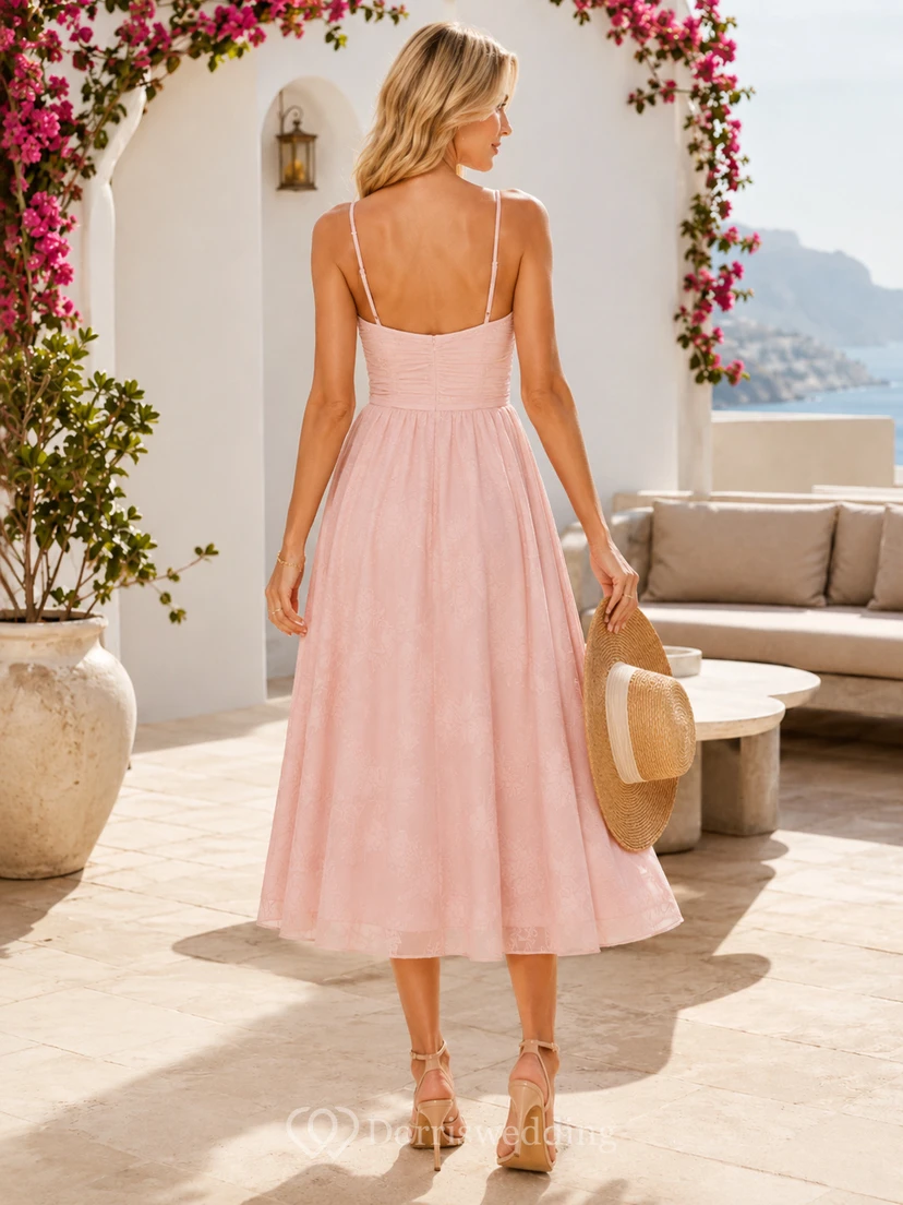 Blush Pink Spaghetti Strap Chiffon Tea Length Vacation Sundress view 2