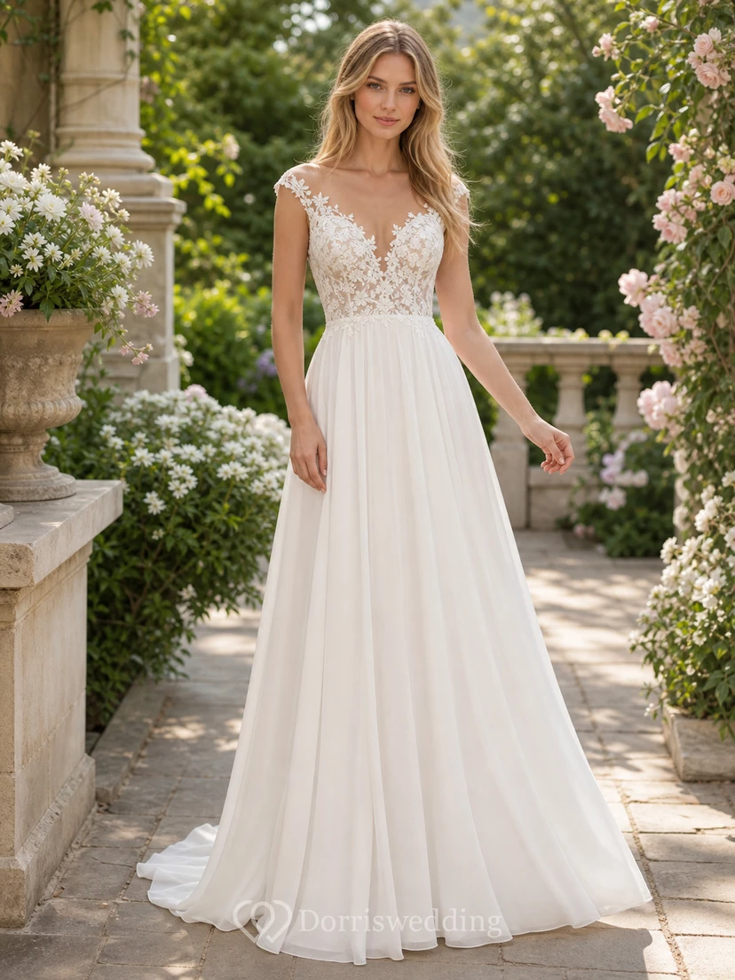 Chiffon-Etui-Brautkleid mit schulterfreiem Ausschnitt und schlichter Spitzenapplikation view 2