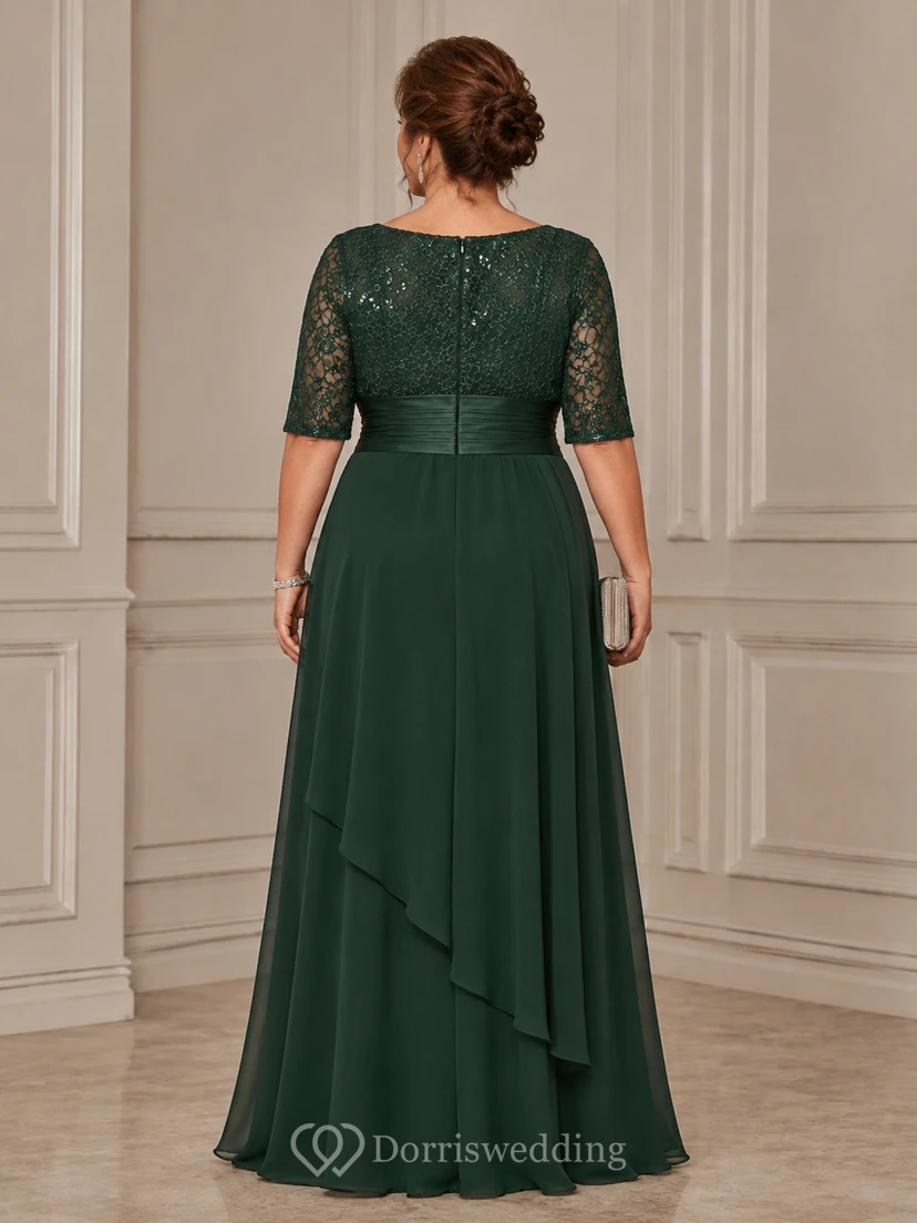 Plus Size A-Line Bateau Half Sleeve Chiffon Mother Dress with Lace view 2