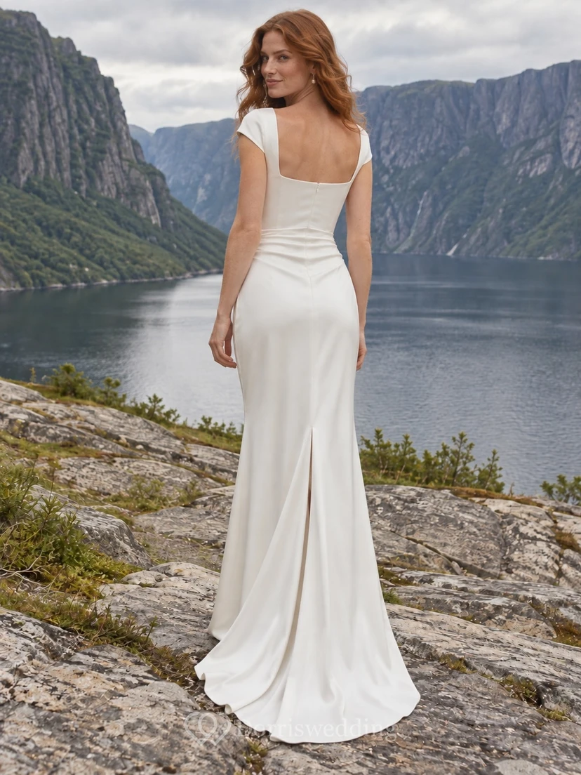 Square-Neck Short-Sleeve Charmeuse Wedding Dress with Back Vent and Sheath Skirt view 2