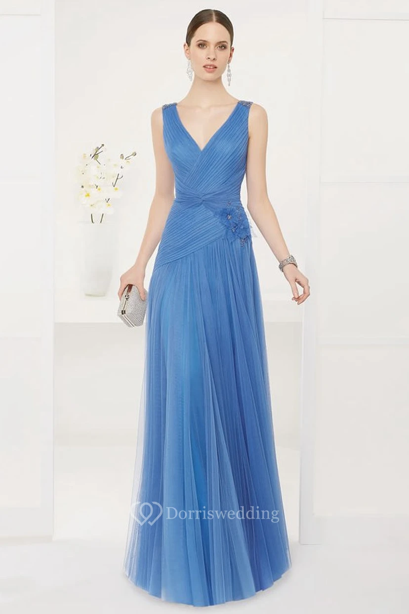 V Neck A-Line Tulle Long Prom Dress With Crystal Back Straps And Keyhole