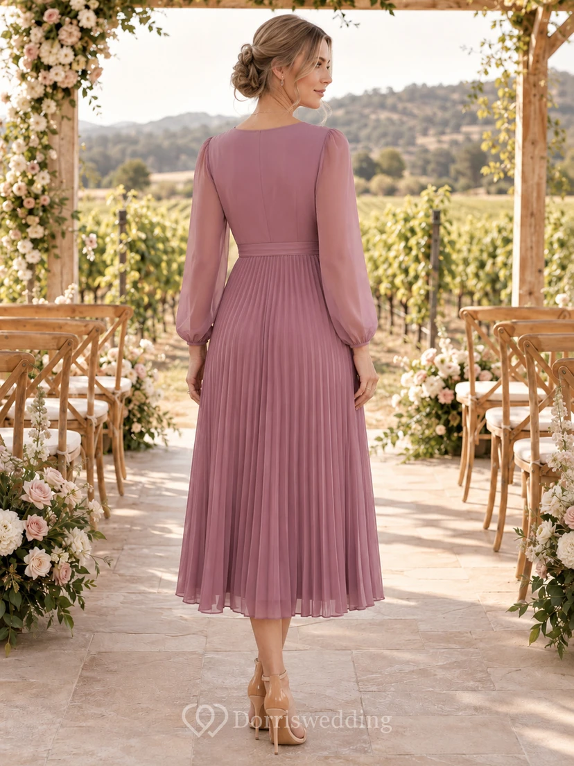Vintage Mauve V Neck Poet Sleeve Pleated Guest Dress view 2