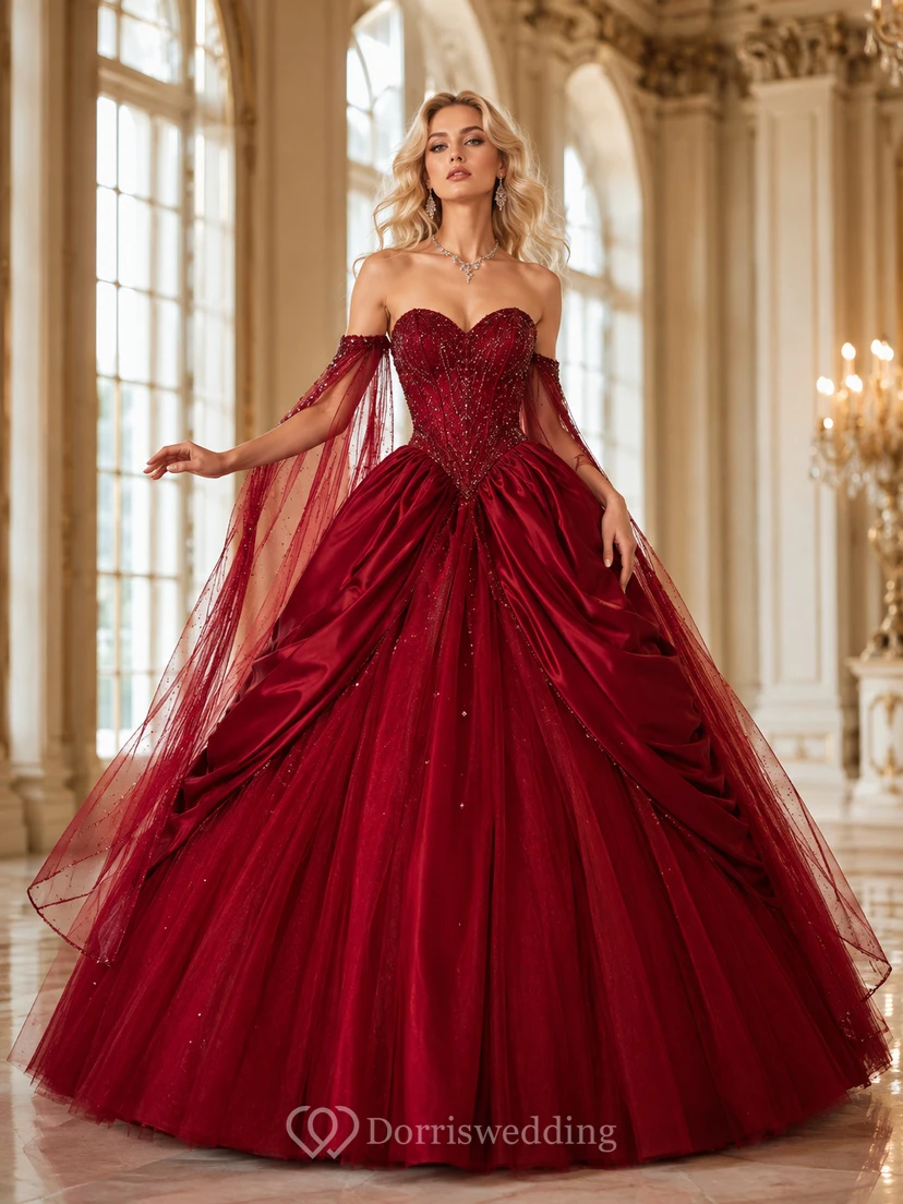 Fantasy Burgundy Strapless Sweetheart Draped Tulle Ball-Gown Backless Formal Prom Dress