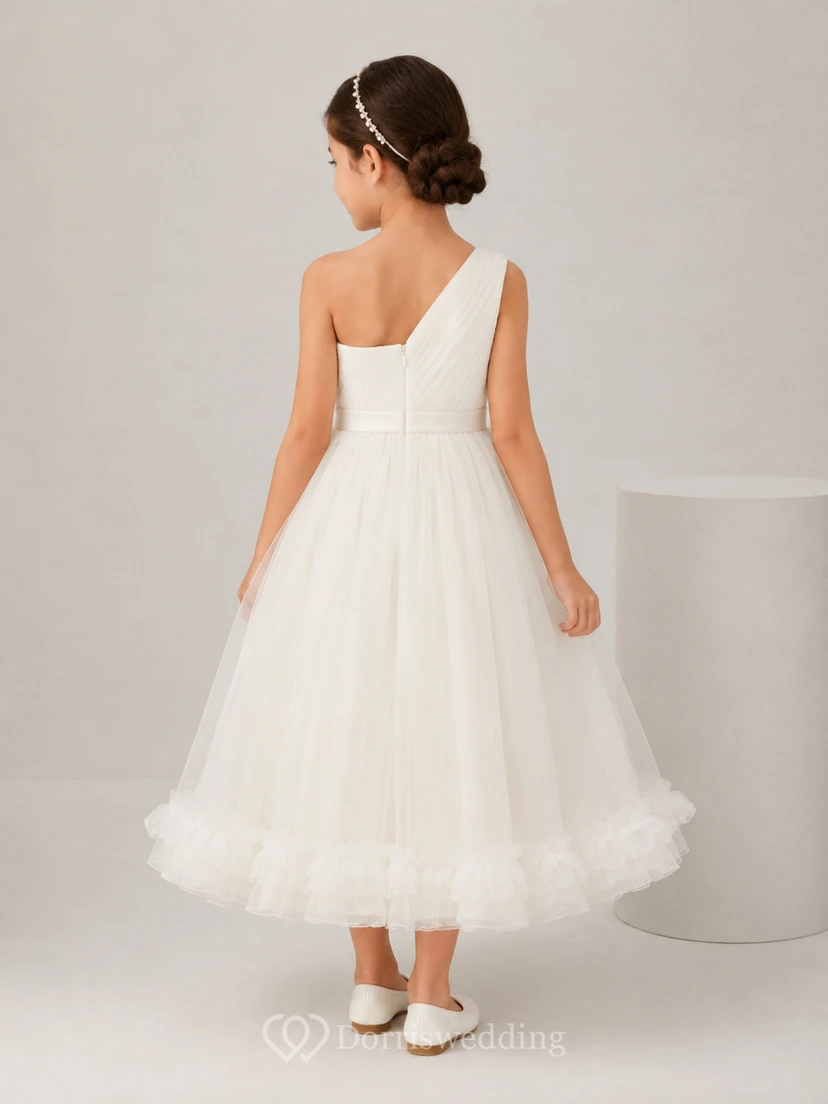 One Shoulder Tulle A-Line Flower Girl Dress with Tea-Length Skirt view 2