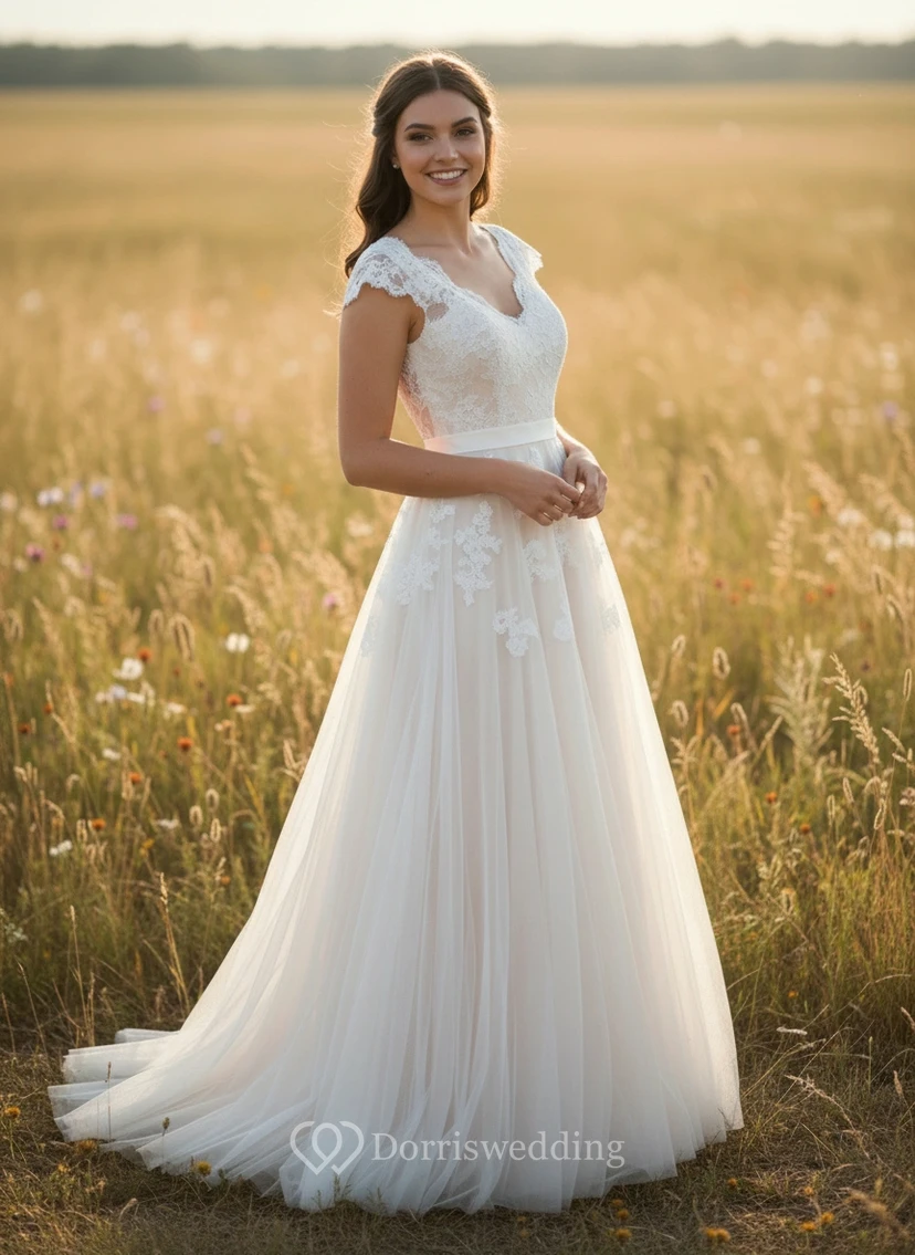 Romantisches Kleid aus Spitze und Tüll mit Schärpe