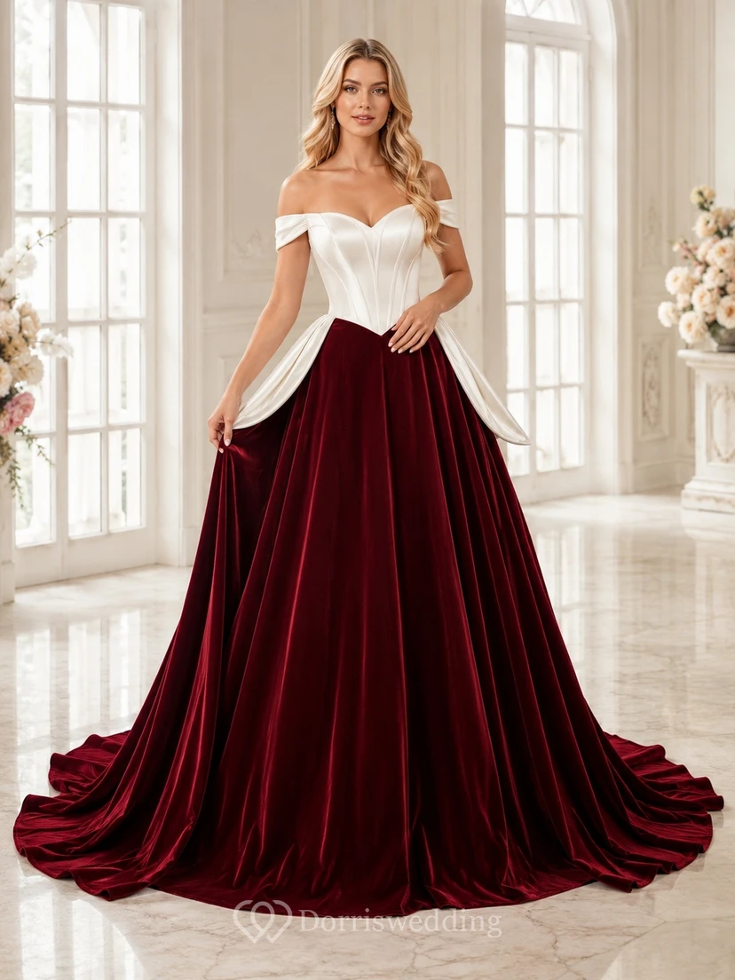 Burgunderrotes Samt-Brautkleid im Ballkleid-Stil, schulterfrei, kurze Ärmel, Schleppe/Bürstenschleppe, luxuriös und elegant