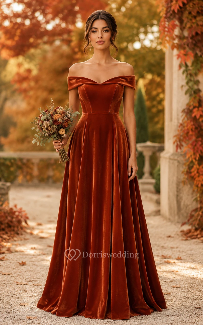 Papaya Velvet Off-the-shoulder A-Line Bridesmaid Dress