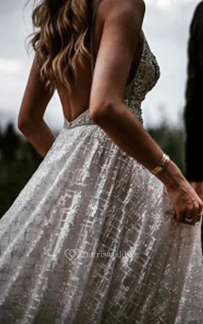 Spaghettiträger-Ballkleid, A-Linie, sexy, perlenbesetzt, plissiert, Boho-Hochzeitskleid view 2