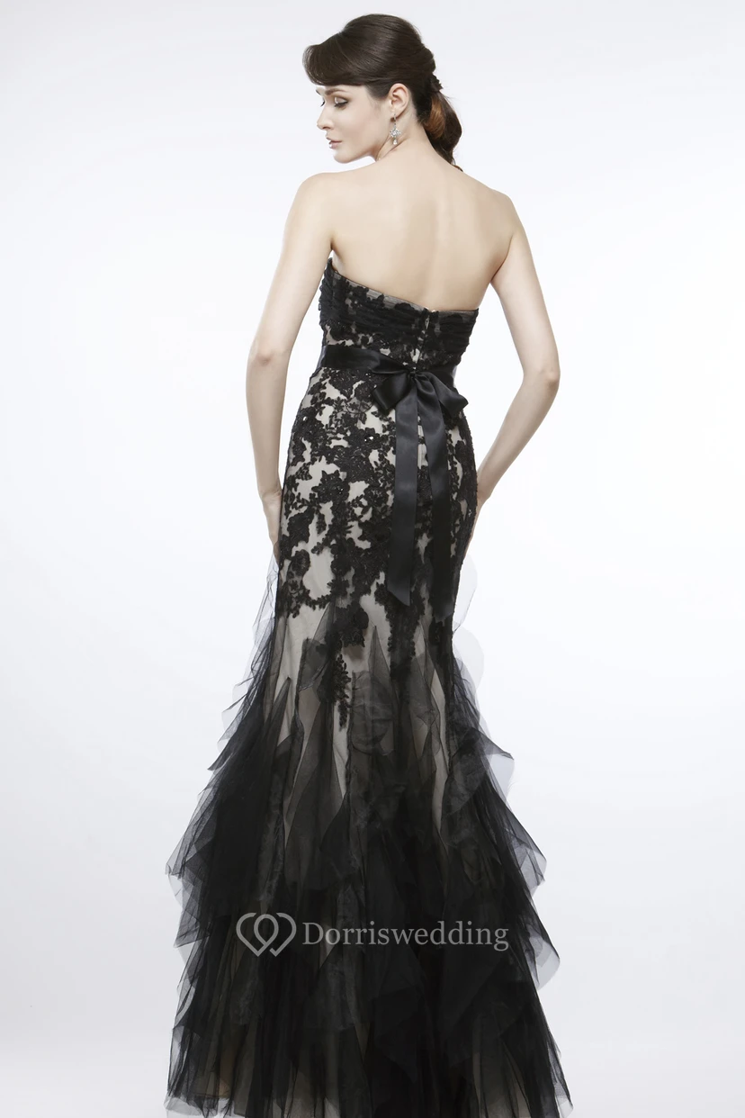 Mermaid Maxi Sleeveless Strapless Appliqued Tulle Prom Dress With Waist Jewellery And Cascading Ruffles view 2