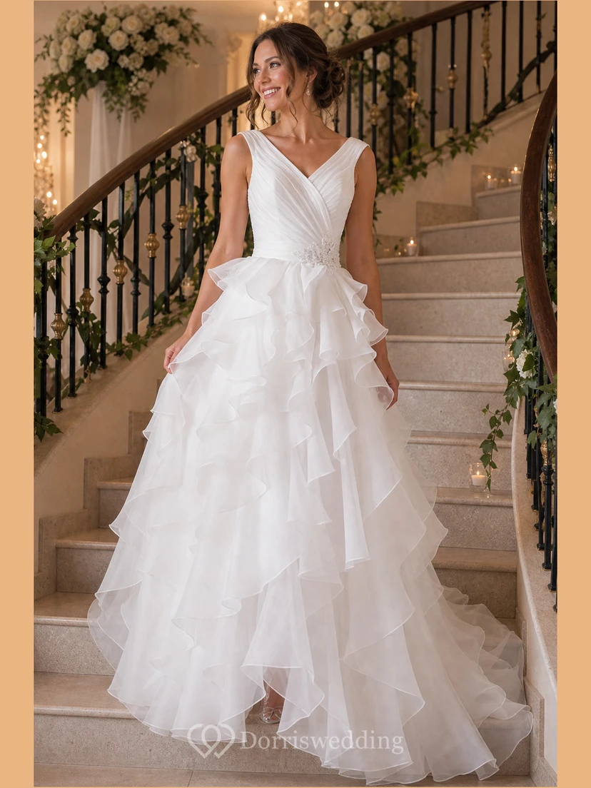 A-Linien-Brautkleid aus Organza mit kurzen Ärmeln, langem V-Ausschnitt, Raffungen, Rüschen und Stufen view 10
