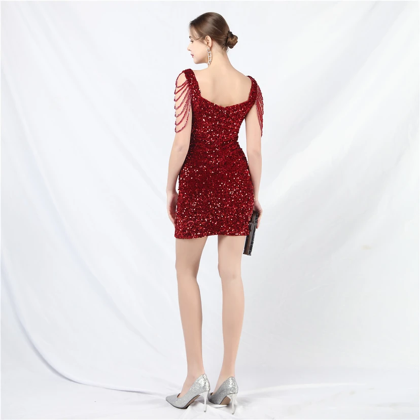 Velvet Handmade Sequined Heavy Craft Beaded Fantasy Sequined Short Skirt Evening Dress view 46