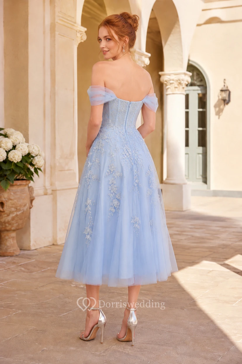 Sky Blue Tea Length Off Shoulder Tulle A-Line Dress with Appliques for Bridesmaids Wedding Guests and Formal Receptions view 2