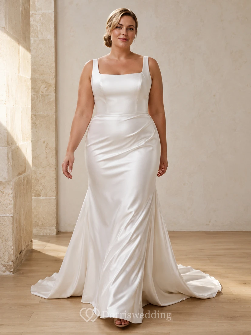 Plus Size Minimalist Square Neck Sleeveless Satin Sheath Court Train Wedding Dress