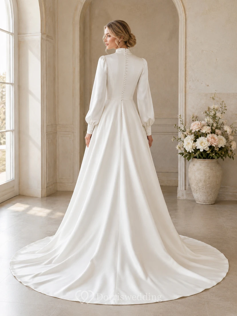 Modest Satin Wedding Dress A-Line High Neck Long Sleeve Court Train Bridal Gown view 2