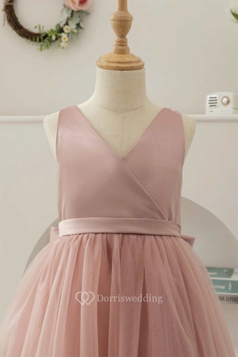 Water Melon V-neck Sleeveless A-line Tulle Pleated Flowergirl Dress view 18