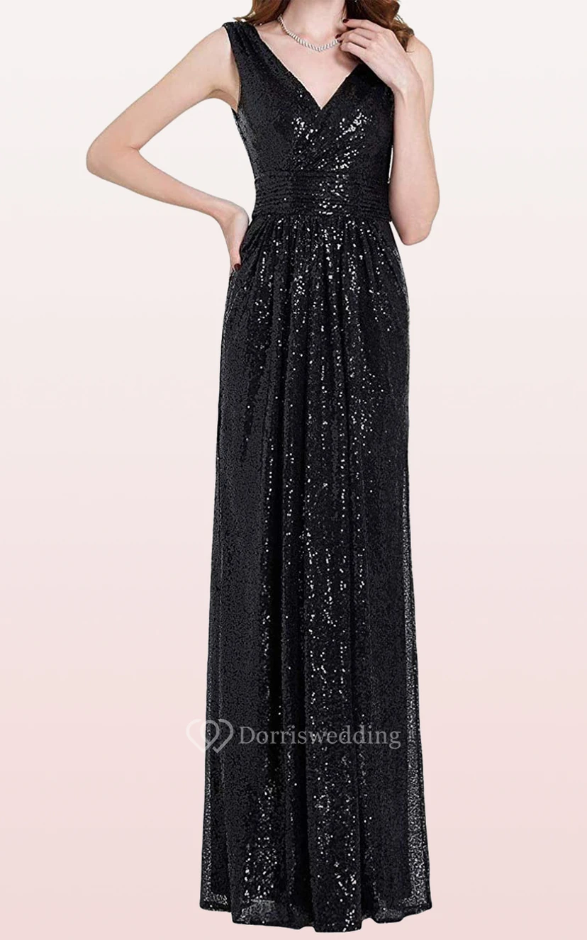 V-neck A Line Sleeveless Floor-length Sequins Bridesmaid Dress With Ruching view 3
