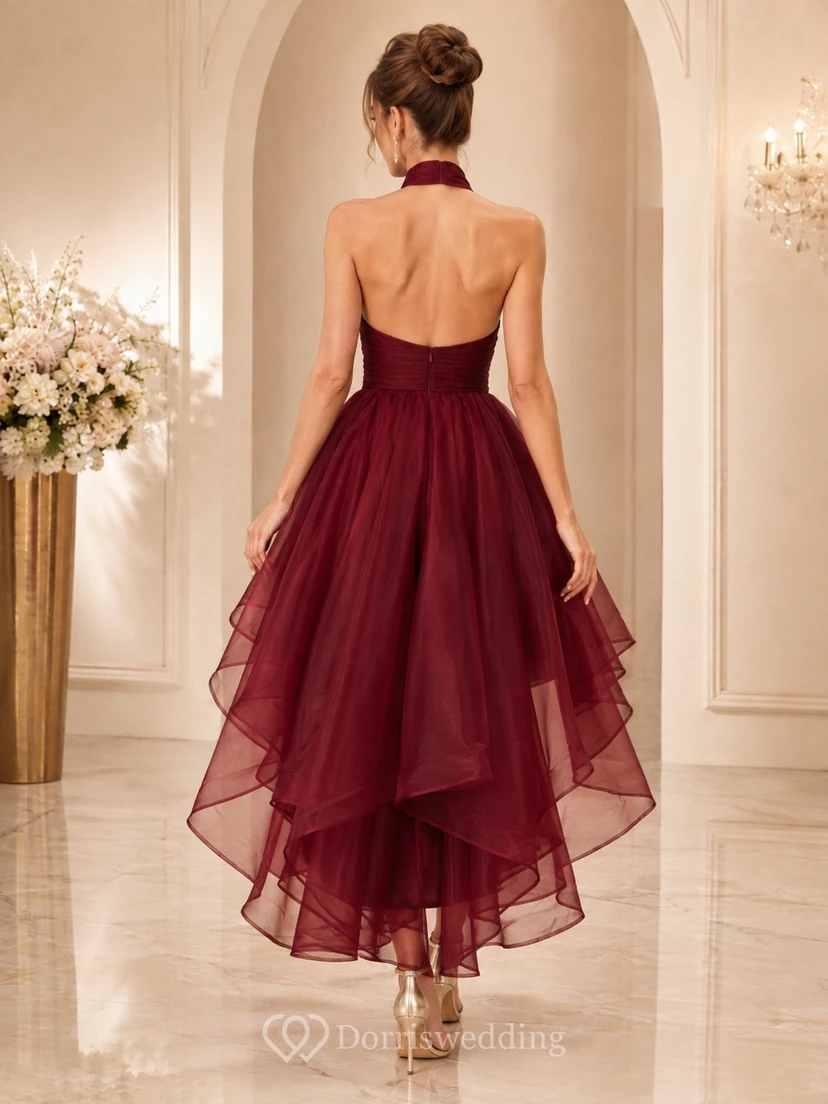 Elegant Burgundy Halter Sleeveless Organza A-Line High-low Cocktail Dress view 2