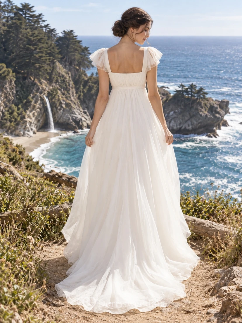 Vestido de novia sencillo de organza fruncida, largo hasta el suelo, con escote cuadrado, manga corta y corte imperio. view 2