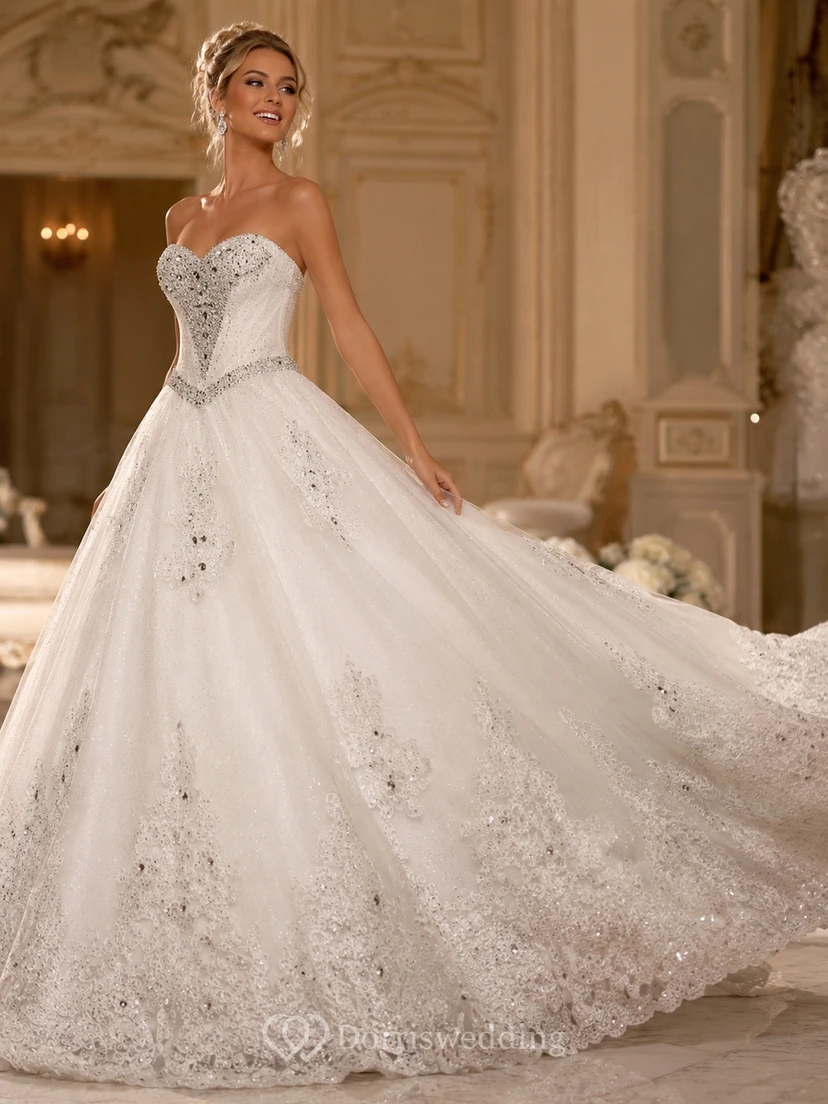 Luxurious Sweetheart Ball Gown Wedding Dress Crystal Beadings Long Train view 5