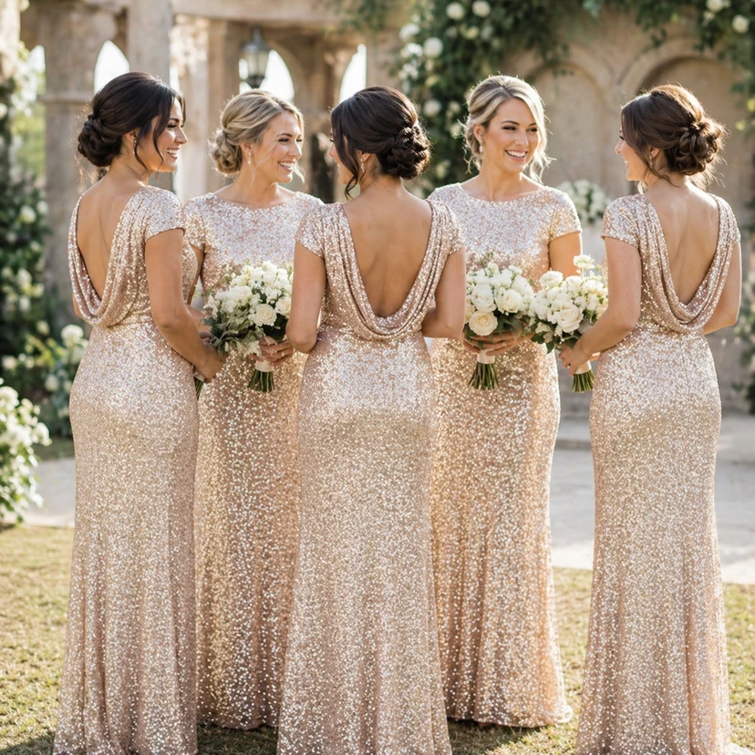 Sequin Gold Bridesmaid Dress | Long Sparkly MOB Glitter Gown with Sleeves video preview