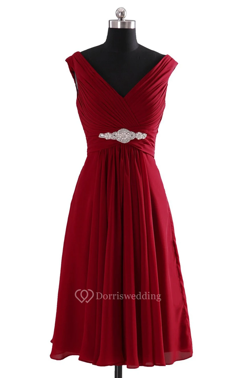 V-neckline Pleated Basque Waist Dress With Crystal view 7