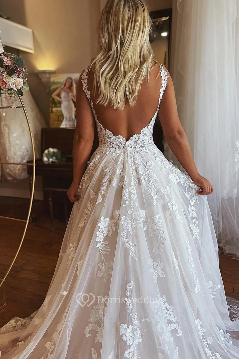 White Lace Backless Wedding Gown with Train view 4