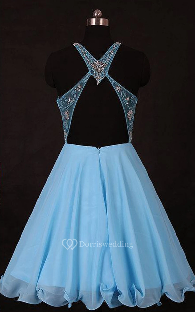 Mini Sleevelss Chiffon Dress With Beading And Keyhole Back view 4