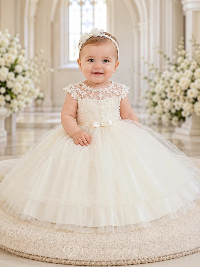 Christening Dress A-Line Tulle Lace Scoop Neck Tea-Length Bow Back view 2