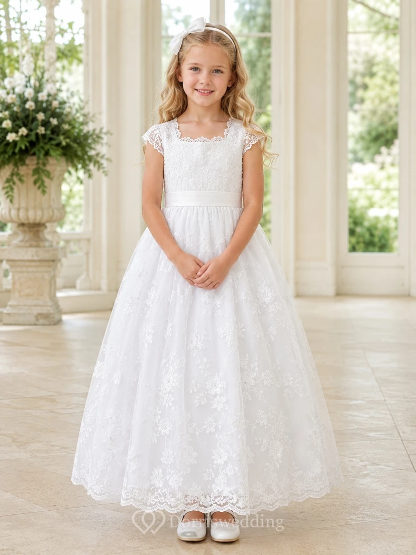 Princess White Square Neck Cap Sleeve Lace A-Line Floor-Length Flower Girl Dress