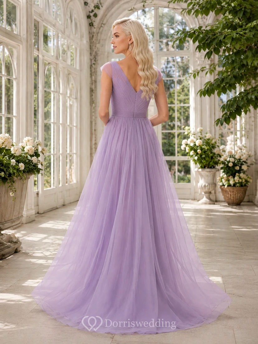 Lavender Chiffon V-neck Pleated A-line Floor-length Evening Dress with Sweep view 2