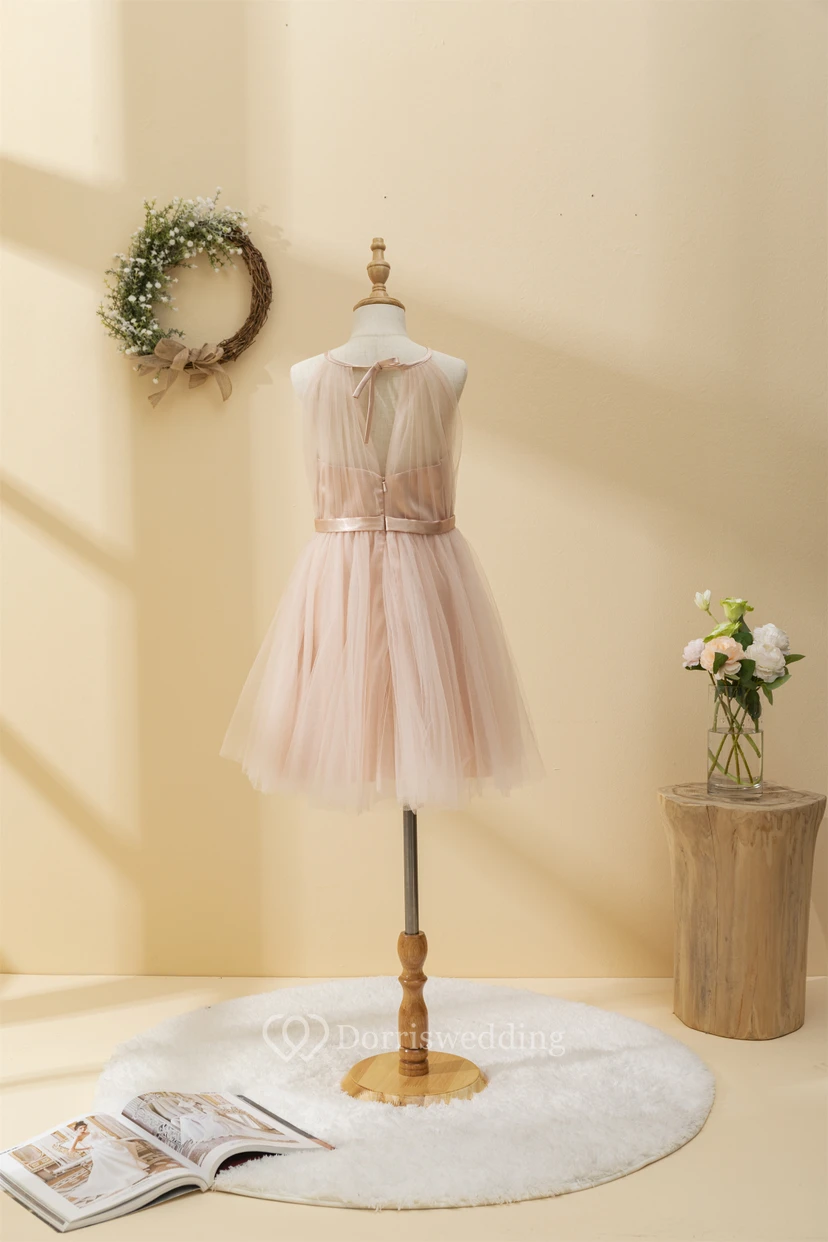 Adorable Coral Tulle Short Pleated Flowergirl Dress view 2