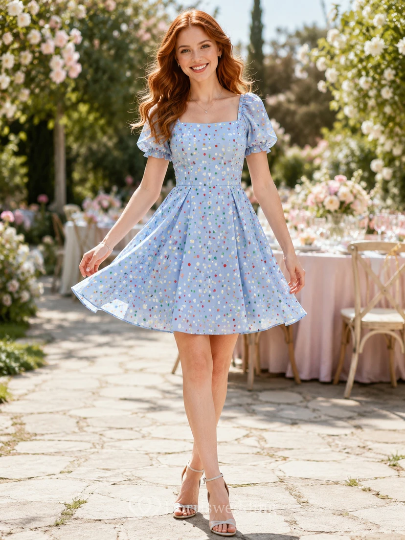 Blue Confetti Square Neck Puff Sleeve Fit Flare Mini Dress