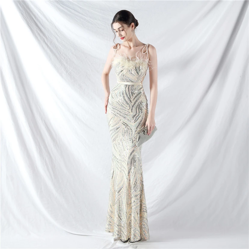 Double-Binding Rope-Binding Craft-Made Ostrich Feather Encrypted Laminated Beads High-End Evening Dress view 65