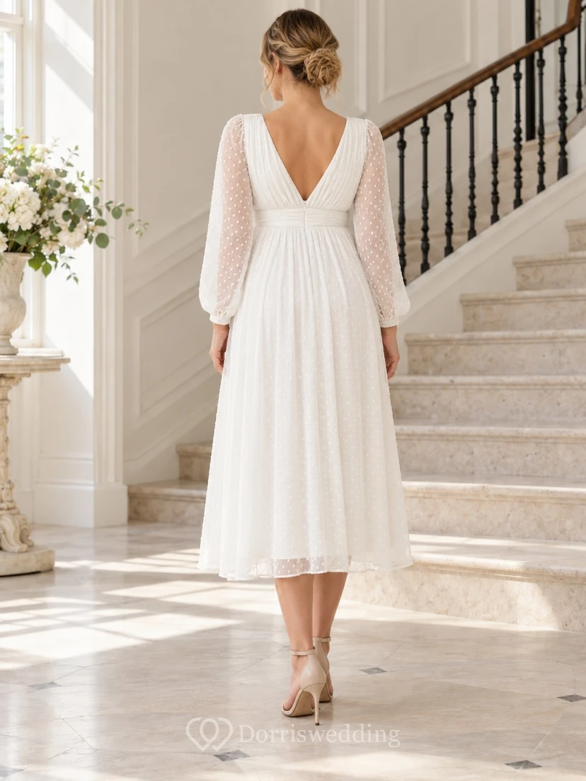 Maternity White V-neck Long Sheer Sleeve Chiffon Graduation Midi Dress view 2
