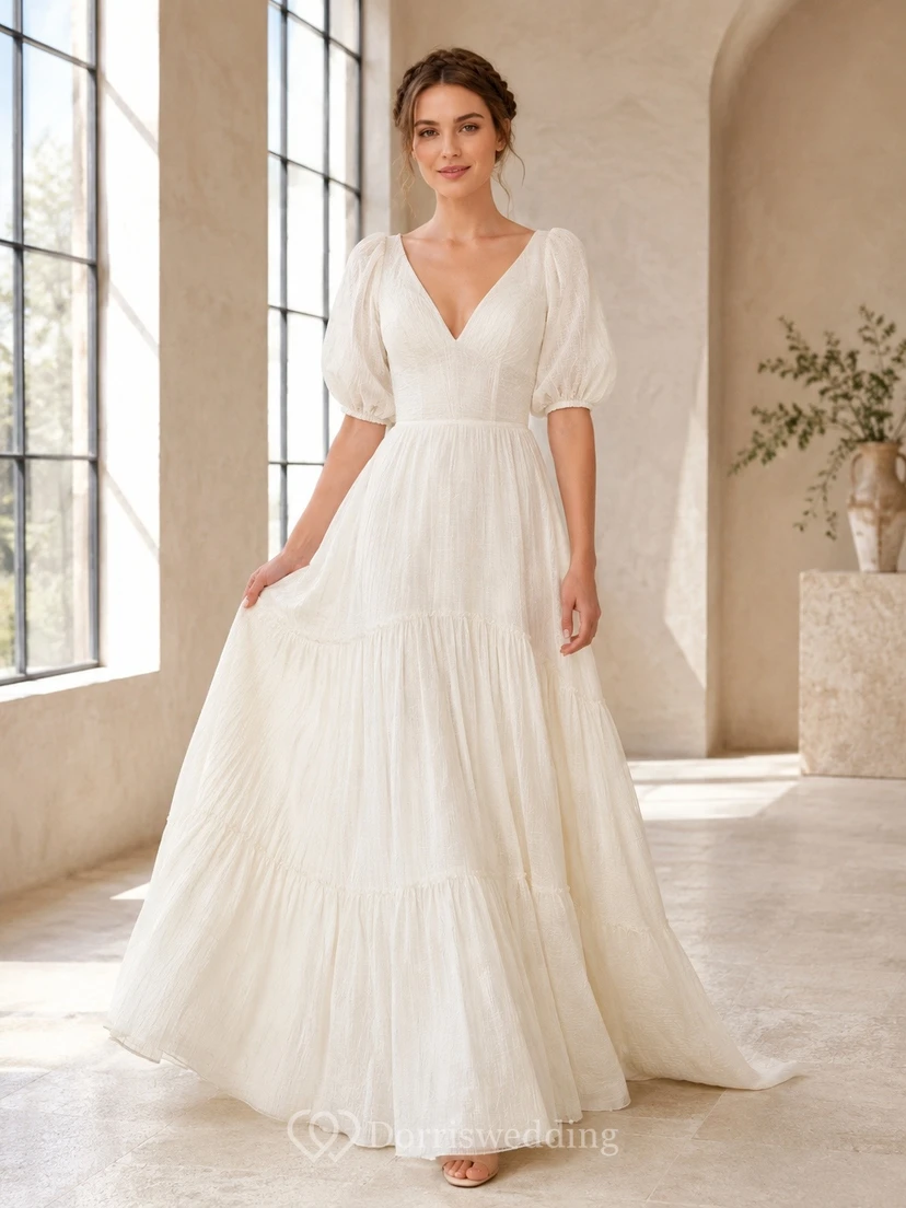 Vestido de novia formal estilo bohemio, largo hasta la rodilla, escote en V, corte en A, con volantes, para ceremonia formal.