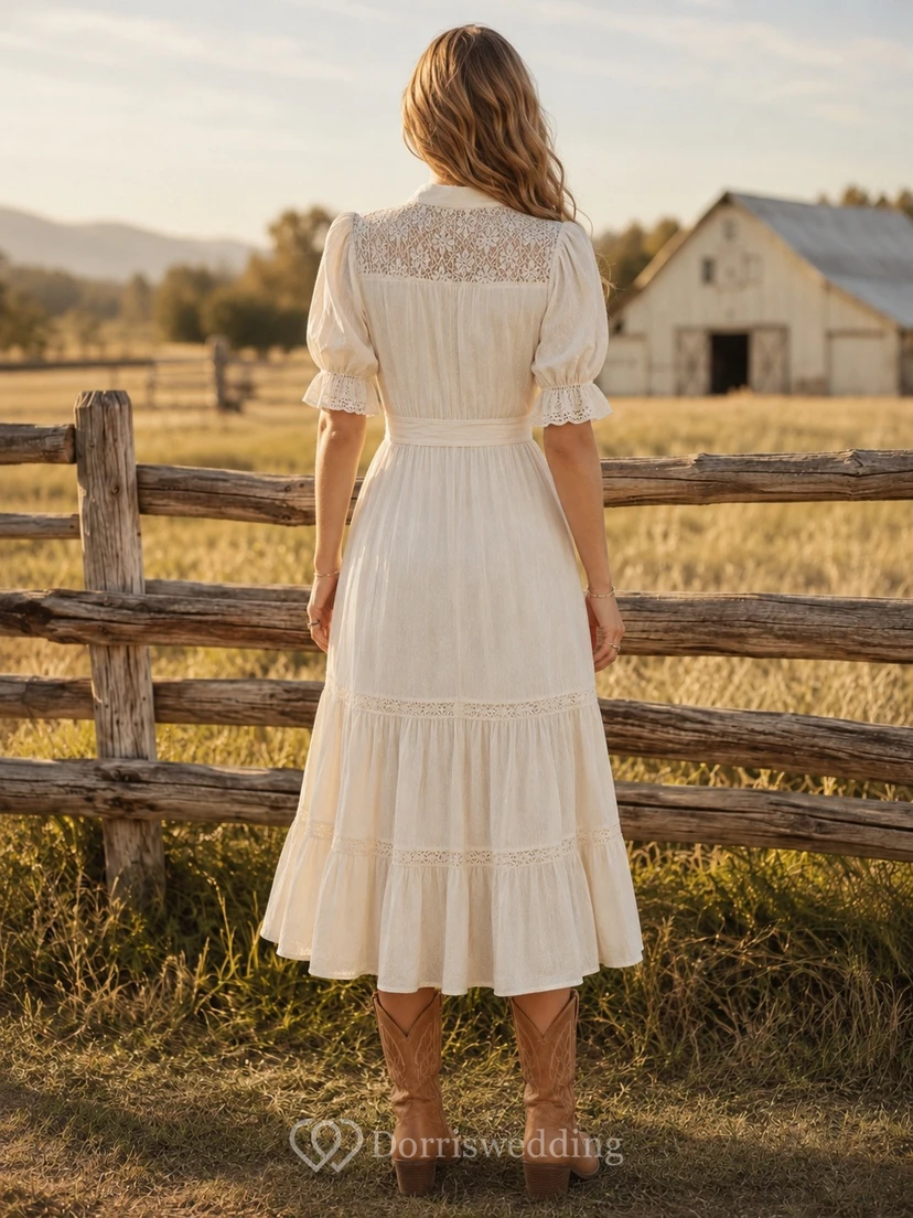 Schlichtes, elfenbeinfarbenes Landhauskleid im Western-Stil mit kurzen Ärmeln und Teelänge view 2