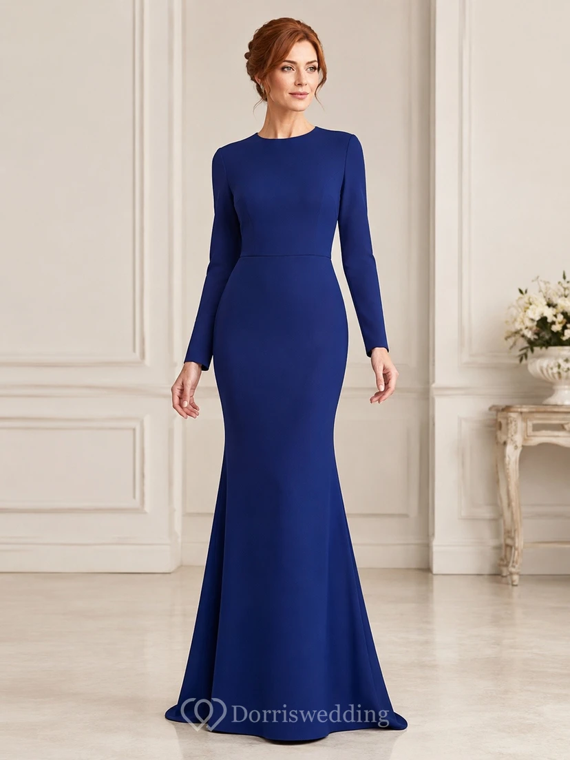 Royal Blue Jersey High-Neck Long-Sleeve Mermaid Floor-Length Formal Dress