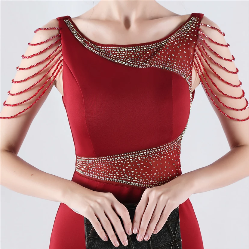 Heavy Hot Diamonds For Transparent Mesh High-Slit Satin Evening Dress Annual Meeting Wedding view 38